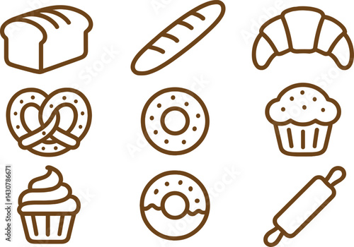 Assortment of bakery goods: bread loaf, baguette, croissant, pretzel, bagel, muffin, cupcake, donut, rolling pin