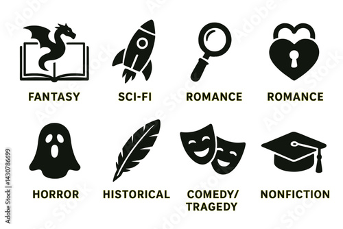 Obraz na płótnie Literary genre symbols: fantasy dragon, sci-fi rocket, mystery magnifier, romance lock, horror ghost, history quill, drama masks, non-fiction cap w salonie