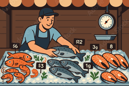 Fish vendor organizing fish and seafood on an iced market display with scales present