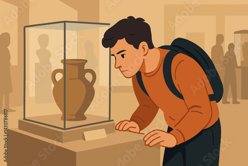 Museum visitor observing an artifact displayed in a glass case within an exhibition hall