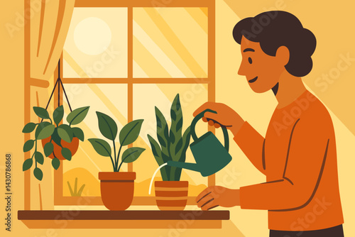 Individual watering various indoor plants on a sunny windowsill with a watering can