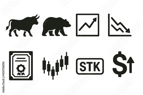 Stock market symbols: bull, bear, up chart, down chart, stock certificate, candlestick chart, ticker, dollar up