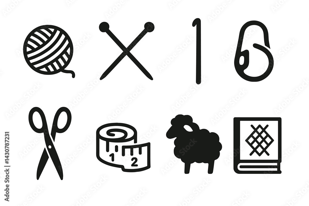 Knitting and crochet supplies: yarn, needles, hook, marker, scissors, tape measure, sheep, scarf, pattern book