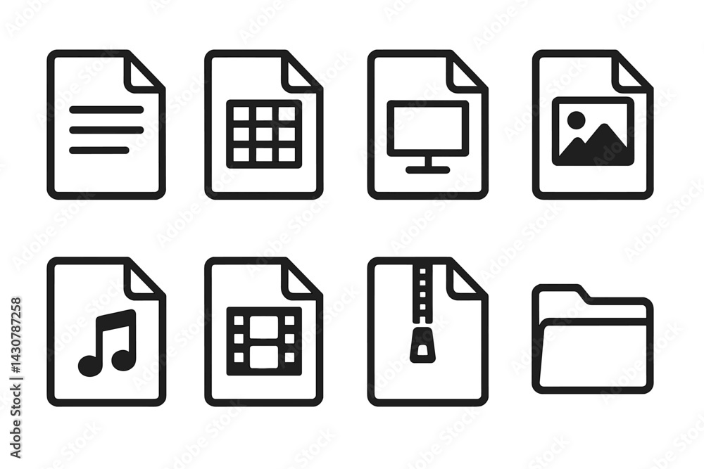 Computer file formats: document, spreadsheet, presentation, image, audio, video, compressed zip, folder Computer file formats: document, spreadsheet, presentation, image, audio, video, compressed zip, folder