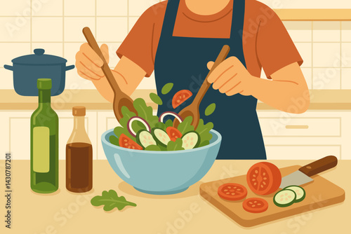 Person preparing a salad by tossing vegetables in a bowl in a kitchen environment