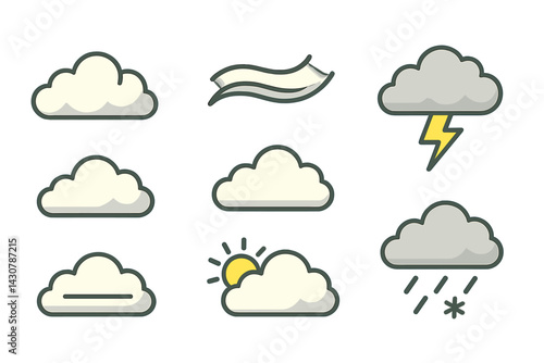 Various cloud forms: cumulus, cirrus, stratus, cumulonimbus, fog, partly cloudy, rain cloud, snow cloud