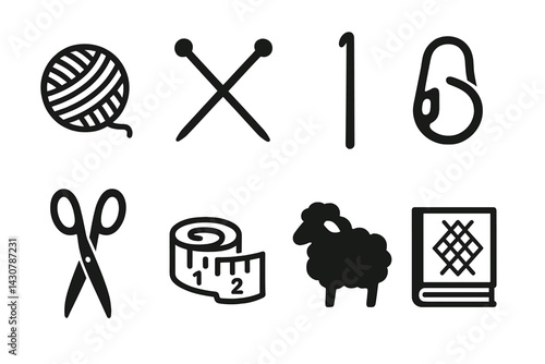 Obraz na płótnie Knitting and crochet supplies: yarn, needles, hook, marker, scissors, tape measure, sheep, scarf, pattern book w salonie