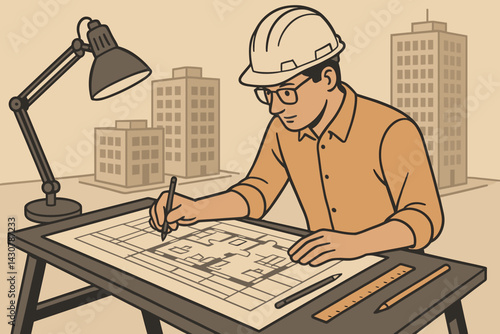 Architect examining blueprints on a drafting table in an office with models and tools