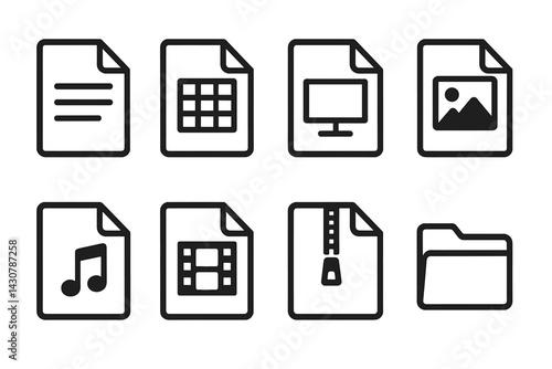 Computer file formats: document, spreadsheet, presentation, image, audio, video, compressed zip, folder