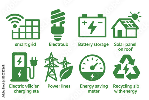 Green energy usage icons: smart grid, LED bulb, battery, rooftop solar, EV station, green power lines, energy meter, energy recycling