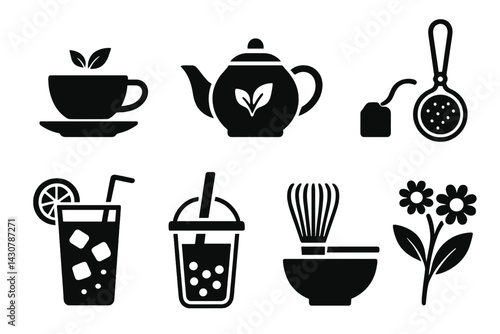 Tea related items: teacup, teapot, tea bag, infuser, matcha tools, iced tea, bubble tea, herbal tea