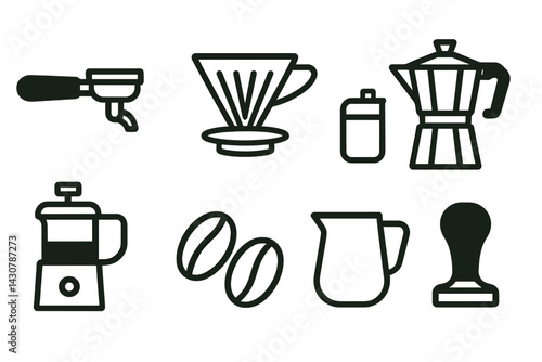 Coffee making tools: portafilter, pour-over, French press, moka pot, grinder, beans, frothing pitcher, tamper