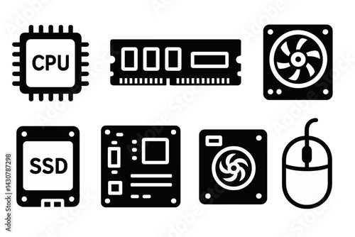 Internal computer parts: CPU, RAM, GPU, HDD, SSD, motherboard, PSU, fan, mouse