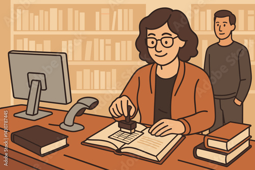Librarian processing a book checkout at a library desk with equipment and a patron waiting