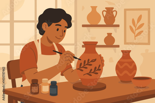 Person painting decorative patterns onto a ceramic vase in an art studio setting