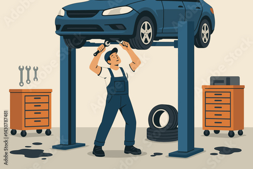 Mechanic repairing a vehicle elevated on a lift inside a garage with tools and tires around