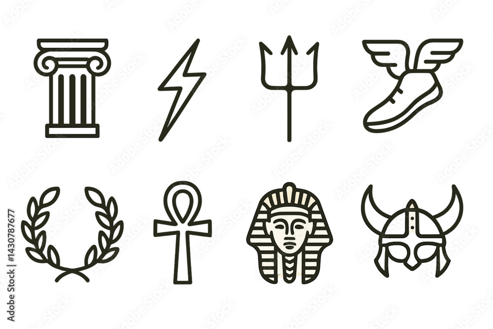 Symbols from ancient myths: column, thunderbolt, trident, winged sandal, wreath, ankh, pyramid, pharaoh mask, Viking helmet