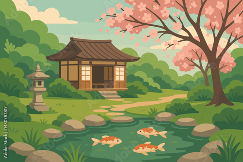 Japanese tea garden scene with teahouse, koi pond, lanterns, and cherry blossoms