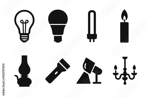 A range of light sources includes incandescent bulbs, LEDs, fluorescent tubes, candles, oil lamps, flashlights, spotlights, and chandeliers