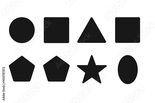 Basic shapes in geometry include the circle, square, triangle, rectangle, pentagon, hexagon, star, and oval