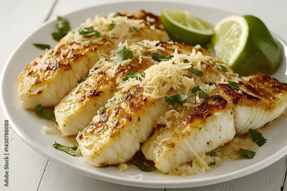 Grilled Fish Fillets with Cheese and Cilantro on White Plate Grilled Fish Fillets with Cheese and Cilantro on White Plate