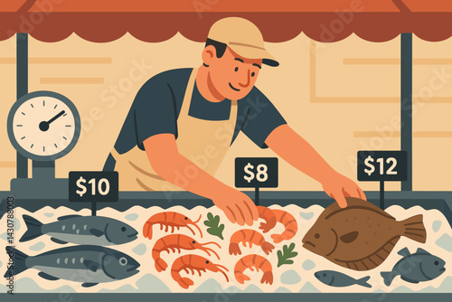 A fish vendor is arranging fish and seafood on a market display over ice, with scales available