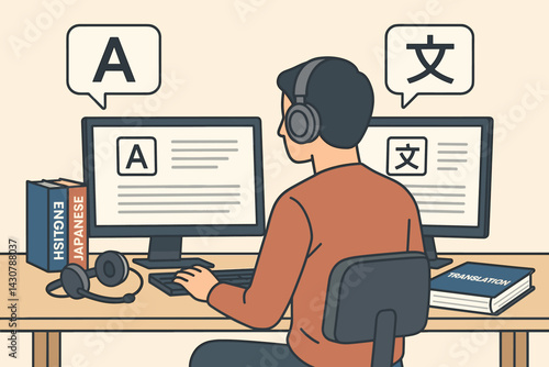 A translator is seated at a desk utilizing headphones, books, and dual monitors to work with several languages simultaneously
