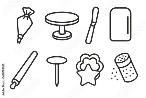 The tools used for cake decoration include a piping bag, turntable, spatula, smoother, fondant roller, flower nail, cutters, and glitter