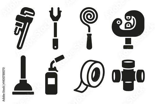 The tools used by plumbers include a pipe wrench, basin wrench, drain snake, pipe cutter, plunger, torch, seal tape, and pipe fitting