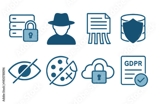 Symbols for data protection include a lock, anonymous user, shredder, data shield, no spying eye, no cookie, secure cloud, and GDPR compliance check