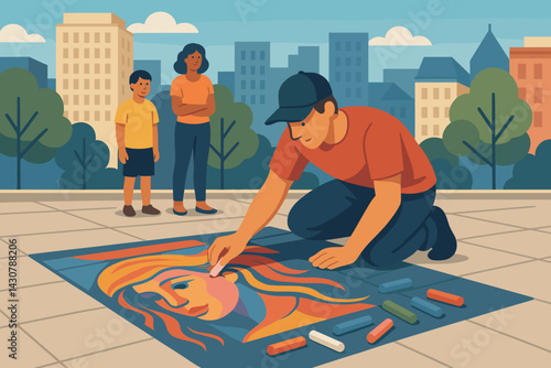 In a city square, an artist creates artwork using vibrant chalk on the pavement for onlookers to see