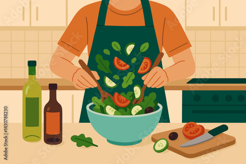 An individual is assembling a salad by throwing vegetables into a bowl within a kitchen setting