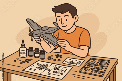 An individual is constructing a model airplane from a kit at a workbench surrounded by various components, adhesive, and coloring materials