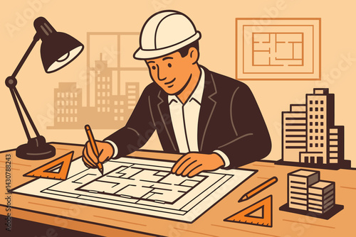 An architect studies blueprints on a drafting table in an office surrounded by models and tools