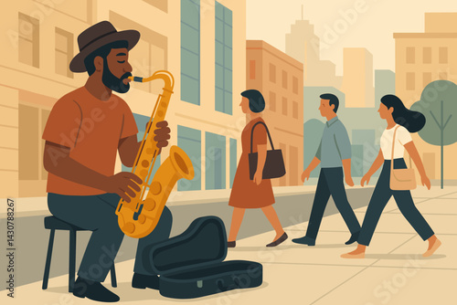 A musician playing the saxophone on a city street performs for pedestrians with a case open for donations