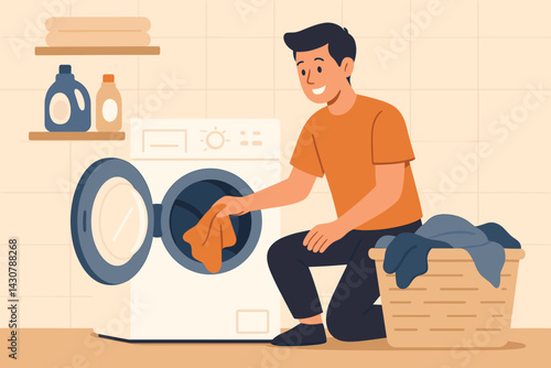 An individual is placing garments into a washer within a laundry area that is stocked with necessary items