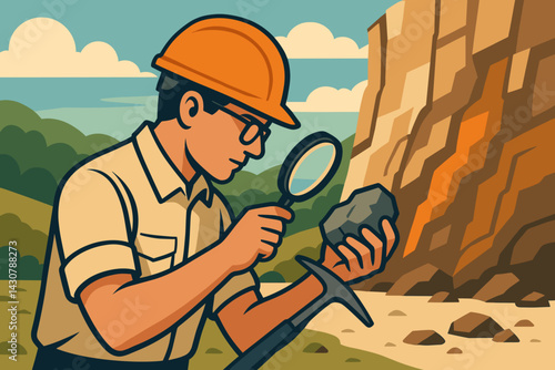 A geologist examines rock formations in an outdoor setting close to a cliff, utilizing a magnifier and hammer