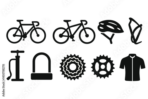 Essential cycling equipment includes road bikes, mountain bikes, helmets, bottle cages, pumps, locks, gear cassettes, chain rings, and jerseys