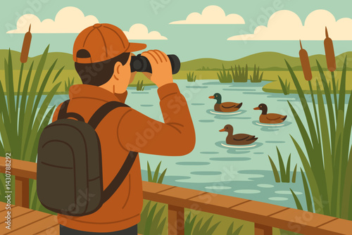A person is using binoculars to observe birds in a wetland environment that features a walking path and ducks