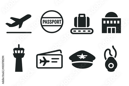 Symbols of air travel include a plane taking off, a passport being stamped, luggage being claimed, a terminal, a control tower, a boarding pass, a pilot's cap, and an oxygen mask