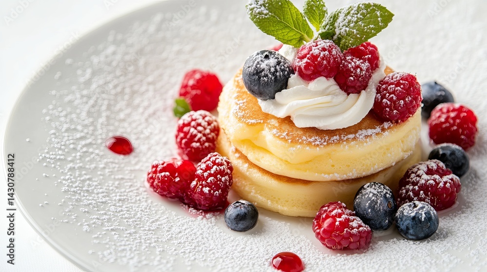 Delicious fluffy pancakes topped with fresh raspberries blueberries and whipped cream red food mint Delicious fluffy pancakes topped with fresh raspberries blueberries and whipped cream red food mint