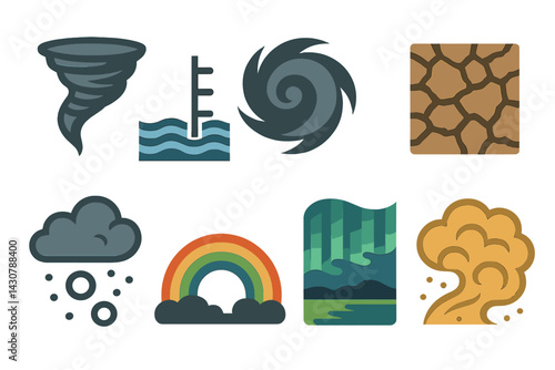 Severe and particular weather occurrences include tornado, hurricane, flood, drought, hail, rainbow, aurora, and sandstorm