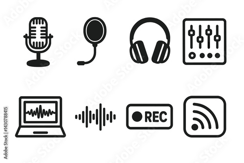Equipment and icons for podcasting include a microphone, pop filter, headphones, mixer, laptop editor, sound wave, REC button, and feed icon