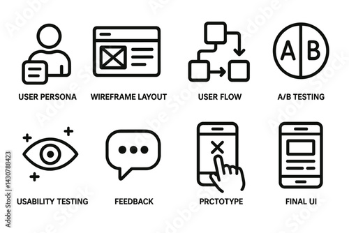 The UX design process involves several key steps, including creating a persona, developing a wireframe, designing user flow, conducting A/B testing, performing usability testing