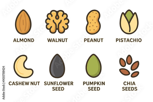 The variety of nuts and seeds that are edible includes almond, walnut, peanut, pistachio, cashew, sunflower, pumpkin, chia, and flax