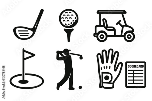 Golfing items include a club, ball on tee, bag, cart, hole with flag, golfer swing, glove, and scorecard