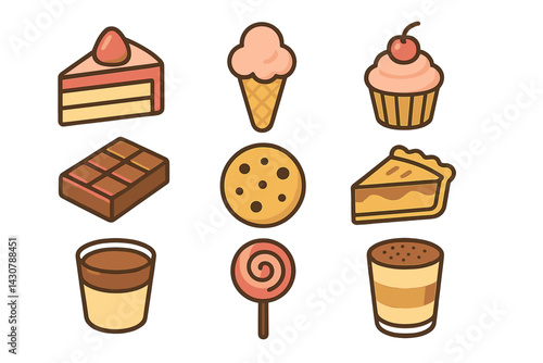 Variety of desserts includes cake slice, ice cream, cupcake, chocolate, cookie, pie, pudding, lollipop, tiramisu