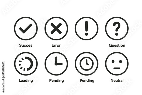 The UI status indicators include success check, error cross, warning sign, info 'i', loading, help question, pending clock, and neutral face