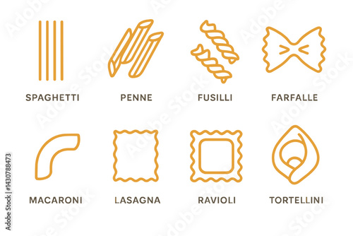 A range of pasta shapes includes spaghetti, penne, fusilli, farfalle, macaroni, lasagna, ravioli, and tortellini