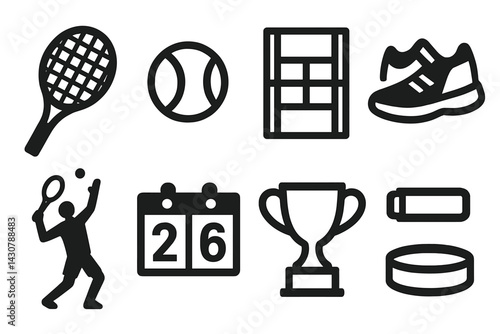 Equipment and accessories associated with tennis include rackets, balls, courts, shoes, serving players, scoreboards, trophies, and sweatbands